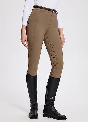 BALEAF Womens Horse Riding Pants Full Seat Riding Breeches Equestrian Tights Horseback Silicone Zipped Pocket, Brown, Small