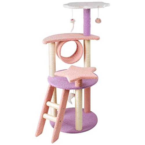 Floofi 101cm Galaxy Plush Multi-Level Cat Condo Cat Tree Play House Tower Scratching Post Pink Purple