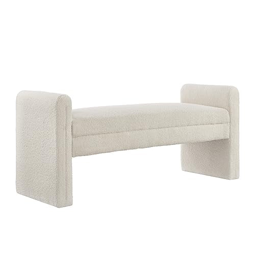 24KF Modern Boucle Teddy Lovely Bench, Upholstered Bed Bench Entryway Bench Ottoman with Armrest -Cream