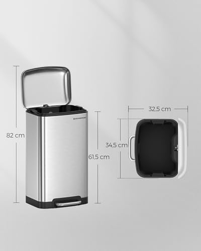 SONGMICS Rubbish Bin, 30L Trash Can, Steel Pedal Bin, with Inner Bucket and Lid, Soft Closure, Airtight, for Kitchen, Living Room, Silver Colour LTB01L, Metallic