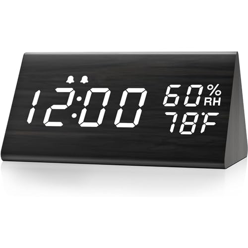 Alarm Clock, Digital Alarm Clock, LED Clock for Bedroom, Electronic Desktop Clock with Humidity & Temperature Display, Adjustable Brightness, 12/24H Display for Home, Bedroom, Bedside, Office