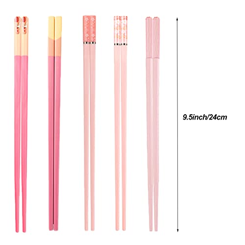 5 Pairs Fiberglass Chopsticks Dishwasher Safe, 9.6 in/24.3cm Non-Slip Reusable Premium Japanese Chinese Korean Lightweight Hair Chopsticks, Christmas Chop Stick Gift Set, Morandi Pink