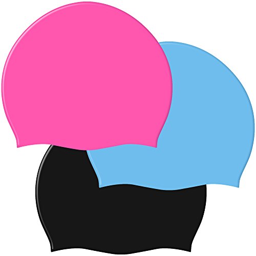 3 Pack Silicone Swimming Caps, SENHAI Unisex Waterproof Durable Elastic Swim Caps for Swimmers with Long, Thick or Curly Hair, Fit for Kids, Women, Men - Light Blue, Rose Red, Black