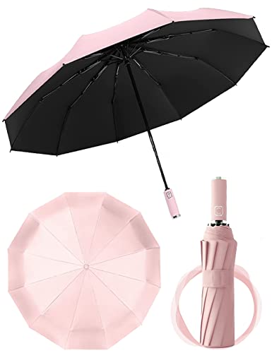 UV Sun Rain Umbrella, 12 Ribs Compact Folding Travel Umbrella for Women Men Kids, Auto Open Close Compact Folding Rain Umbrellas for Daily Uses, Portable Windproof Umbrella 2 in 1 Lightweight Umbrella (Pink)