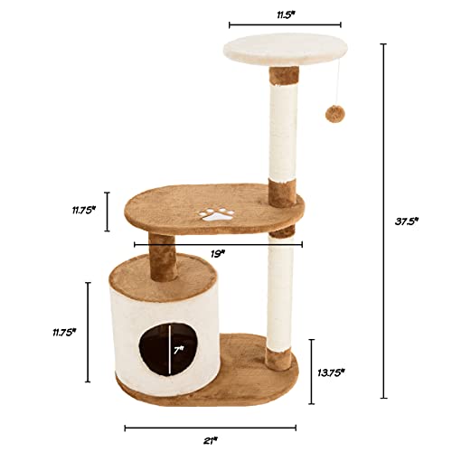 3-Tier Cat Tree - 2 Napping Perches, Kitten Condo, 2 Sisal Rope Scratching Posts, and Hanging Toy - Tower for Indoor Kitties by PETMAKER (Brown)