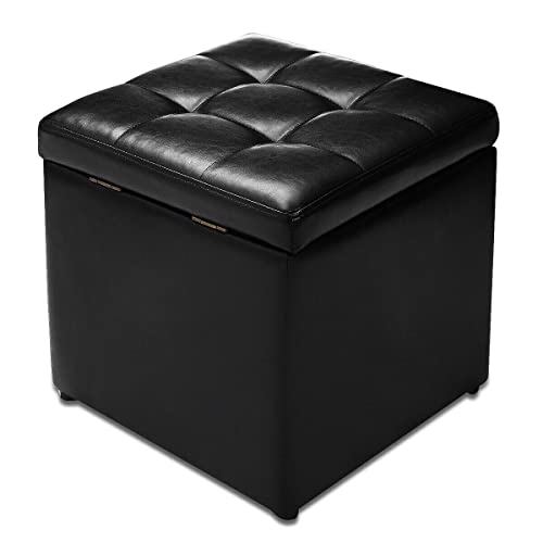 Giantex 40CM Cube Ottoman, Pouffe Storage Box Lounge Seat Footstools w/Hinge Top & Bottom Feet, Square Storage Ottoman Footrest Stool for Home Living Room Bedroom, 40 x 40 x 40CM (Black)