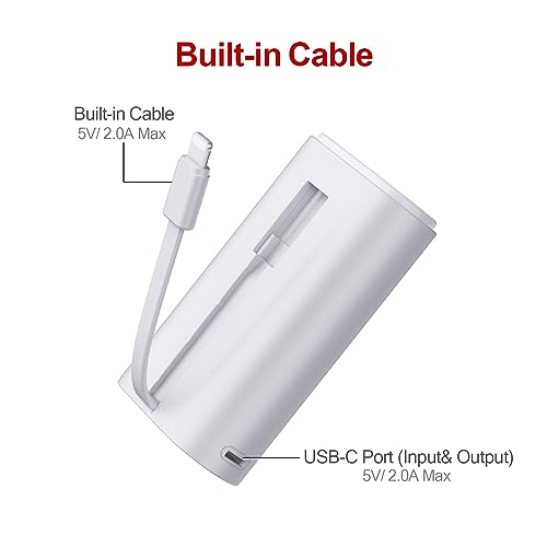 iWALK Portable Charger 9000mAh Power Bank with Built-in Cable, Small External Battery Pack Compatible with iPhone 14/14 Plus/14 Pro Max/13/13 Mini/13 Pro Max/12/12/Pro/11/XR/XS/X/8/7/6, White