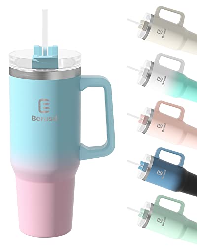 Berusd 1.2L Insulated Travel Mug Coffee Cup, Thermo Cup, Insulated Tumbler with Handle and Straw Lid, Double Wall Vacuum Stainless Steel Mug, Large Sports Water Bottle, 40 oz, Blue Pink