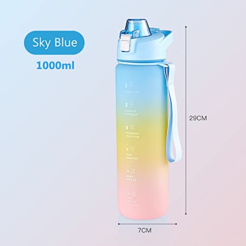 DEARART 1000ml Blue Water Bottle With Motivational and Time Marker, BPA FREE Quick Drink With Narrow Suit Sports Walking Office Gym Yoga ect.