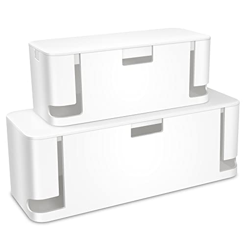 Cable Management Box White, 2Pack Cord Organizer Box - Extra Large and Medium Size, Cord Hider Box to Conceal Power Strips on Desk or Floor, Made from Electrically Safe ABS Material