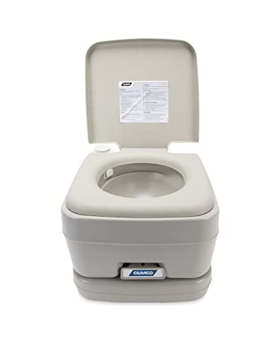 Camco Portable Travel Toilet | Features Bellow-Type Flush and Sealing Slide Valve to Lock-in Odors 2.6 Gallon (41531),Gray/Beige