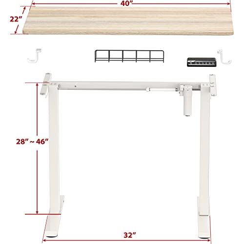 SHW Small Electric Height Adjustable Sit Stand Desk with Hanging Hooks and Cable Management, 40 x 22 Inches, White Frame and Maple Top