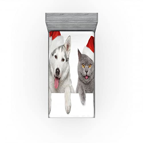 Ambesonne Christmas Fitted Sheet, Dog and Cat in Santa Red Hats Funny Puppy and Kitty Domestic Pet Animal, Bed Cover with All-Round Elastic Deep Pocket for Comfort, Twin XL Size, Grey White