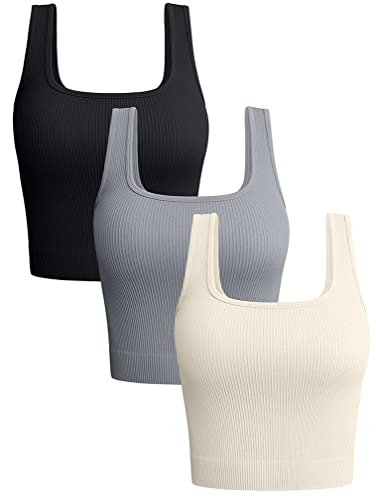 OQQ Women's 3 Piece Tank Tops Ribbed Seamless Workout Exercise Shirts Yoga Crop Tops, Black Grey Beige, Small