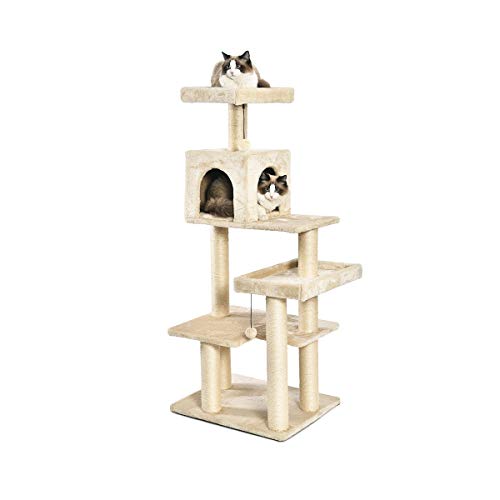 Amazon Basics Extra Large Cat Tree Tower with Condo - 61 x 48 x 142 Centimeters, Beige