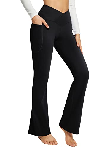 BALEAF Flare Leggings for Women Bootcut Yoga Pants Crossover High Waist Workout Casual Trendy Pants with Pockets Black 29" S