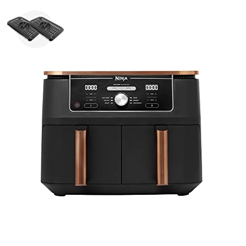 Ninja Foodi Dual Zone Air Fryer MAX + Tongs, 9.5 L, 2470 W, 2 Drawers, 8 Portions, 6-in-1, Air Fry, Roast, Bake, Nonstick, Dishwasher Safe Baskets, Amazon Exclusive, Copper/Black AF400UKCP