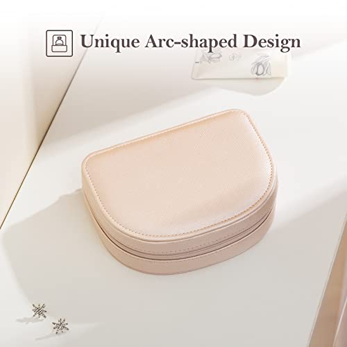 ProCase Portable Jewelry Box, Small Travel Double Layer PU Leather Mini Jewelry Display Case Earring Necklace Bracelet Ring Organizer Holder Box for Women Girl -Champagne