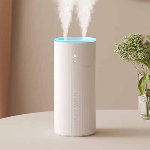 JISULIFE Humidifiers for Bedroom, Dual Mist Ports 3 Speeds Small Humidifier, Rechargeable Desk Portable Humidifier 8000mAh with Light, Auto Shut-Off, Cool Mist Humidifiers for Baby/Nursery/Plant White