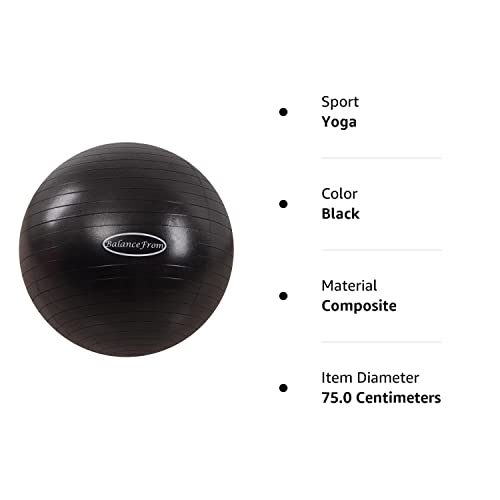 BalanceFrom Anti-Burst and Slip Resistant Exercise Ball Yoga Ball Fitness Ball Birthing Ball with Quick Pump, 2,000-Pound Capacity, Black, 68-75cm, XL