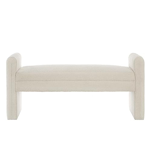 24KF Modern Boucle Teddy Lovely Bench, Upholstered Bed Bench Entryway Bench Ottoman with Armrest -Cream