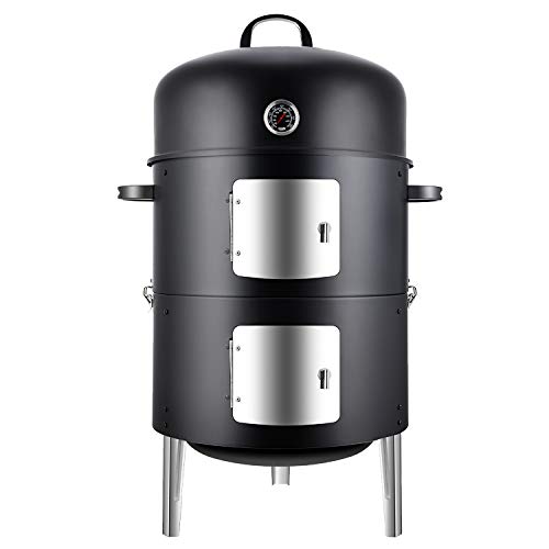 Realcook Vertical 17 Inch Steel Charcoal Smoker, Heavy Duty Round BBQ Grill for Outdoor Cooking, Black