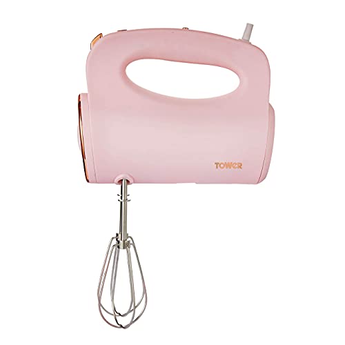 Tower T12061PNK Cavaletto Hand Mixer with Stainless Steel Beaters, Dough Hooks, 5 Speeds, 300W, Pink and Rose Gold