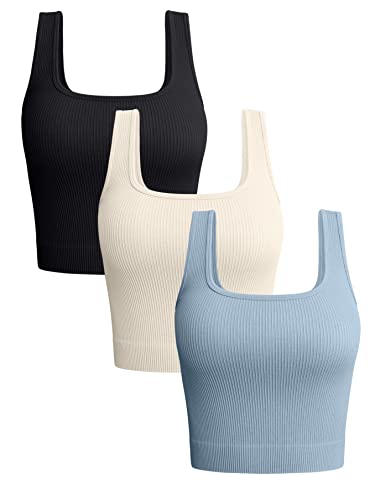 OQQ Women's 3 Piece Tank Tops Ribbed Seamless Workout Exercise Shirts Yoga Crop Tops, Black Beige Blue, Medium