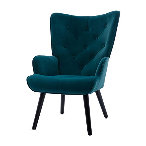 Dolonm Velvet Accent Chair Modern Tufted Button Wingback Vanity Chair with Arms Upholstered Tall Back Desk Chair with Solid Wood Legs for Living Room Bedroom Waiting Room(Teal)