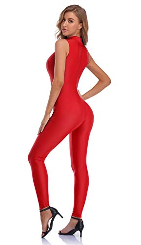 speerise Spandex Bodysuit for Women Zip Sleeveless Unitard Bodycon Jumpsuits Leotard for Costume, Red, Small