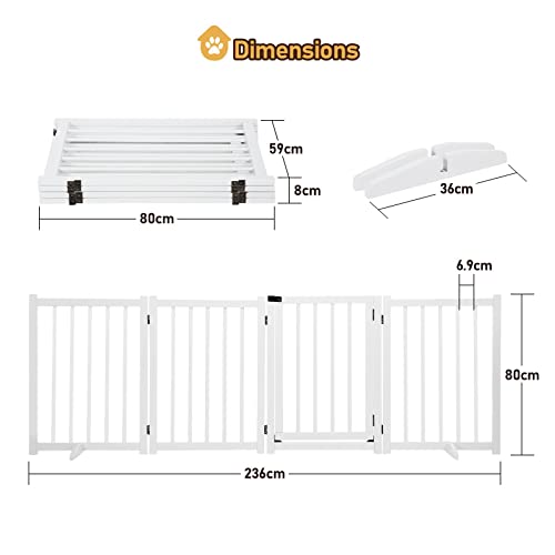 AUSWAY Wooden Pet Safety Gate Free Standing Walk Over Dog Gate,Retractable Puppy Playpen,Enclosure Security Fence for Dog Stair Doorway Barrier with Door Indoor,236CM Extra Width 80CM Tall,White