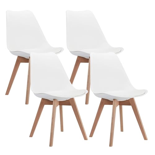 CangLong Modern Dining Chair Set, Soft Padded Shell Chair with Wood Legs for Kitchen, Dining, Bedroom, Living Room - Set of 4, White