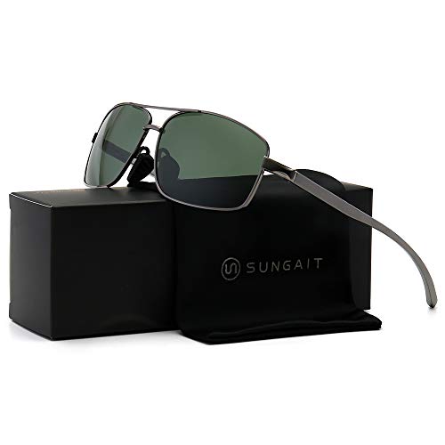 SUNGAIT Ultra Lightweight Rectangular Polarized Sunglasses UV400 Protection (Gunmetal Frame Green Lens, 62) Metal Frame New-2458 QKMLV-AU