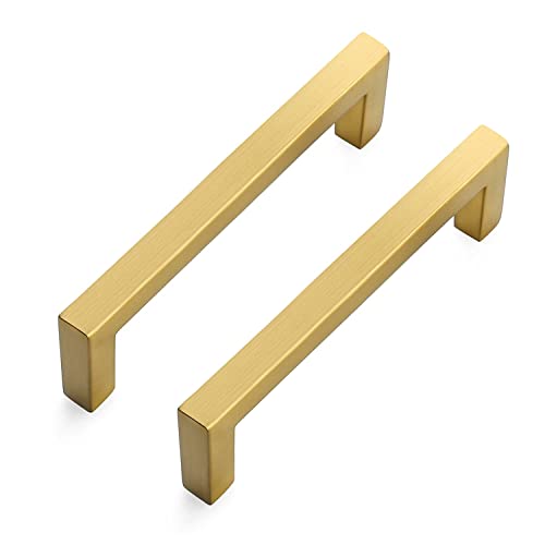 96mm Hole Center Kitchen Square Cabinet Handles, Brushed Stainless Steel Cabinet Pulls Drawer Pulls Kitchen Cabinet Hardware Kitchen Handles (10, Gold)