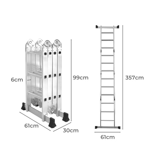 Traderight Multi Purpose Ladder Aluminium Folding Platform Extension, Multi Position Step Foldable Ladders for Home Garage Outdoor Work, 12 Rungs 3.6M Silver