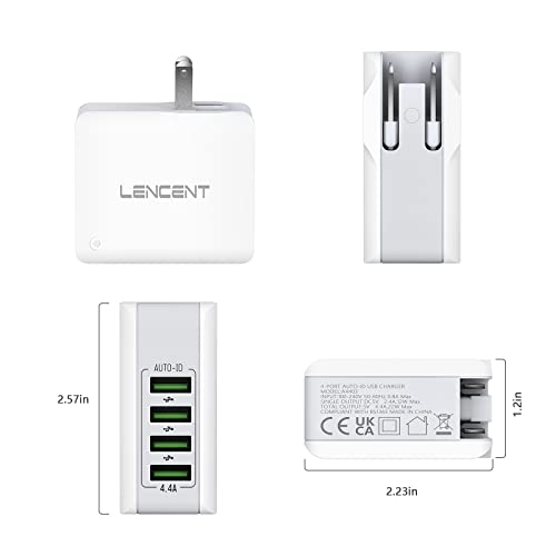 LENCENT USB Charger Plug, Lencent 4-Port Universal Travel Adaptor, 22W/5V 4.4A Wall Charger Plug with UK/USA/EU/AUS Worldwide Travel Charger Adapter for Phone, Android Phones, Tablets and More