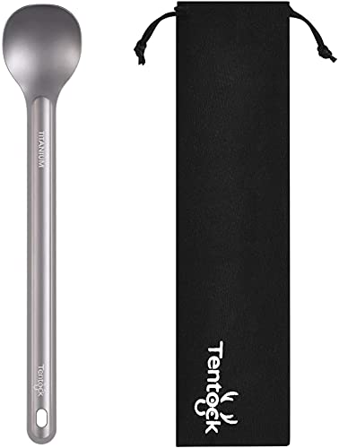 Tentock Titanium Long Handle Spoon Spork for Backpacking Meal Ultralight Camping Flatware Cooking Utensils Multifunctional Tableware with Storage Bag Ideal for Camping Hiking Picnic (Spoon)