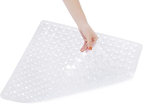 Square Shower Mat Non Slip Anti Mould - 53 x 53cm/21 x 21inch Anti Slip Shower Mat with Suction Cup, Antibacterial Rubber Bathtub Mat with Drain Holes, Machine Washable, Clear White