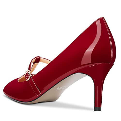 Aachcol Women Stiletto Mid Low Heel Pumps T-Strap Slip-on Pointed Toe Dress Shoes Office Party Wedding Patent 2.5 Inch, Burgundy Red, 9.5