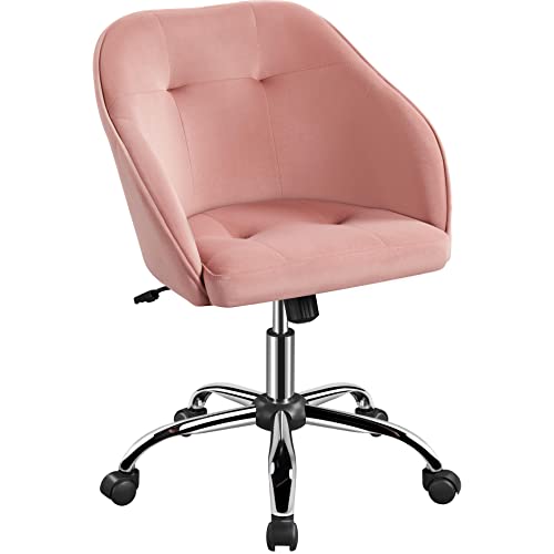 Yaheetech Velvet Desk Chair, Makeup Vanity Chair with Adjustable Tilt Angle, Modern Swivel Office Chair Upholstered Armchair Study Chair for Living Room and Makeup Room Pink