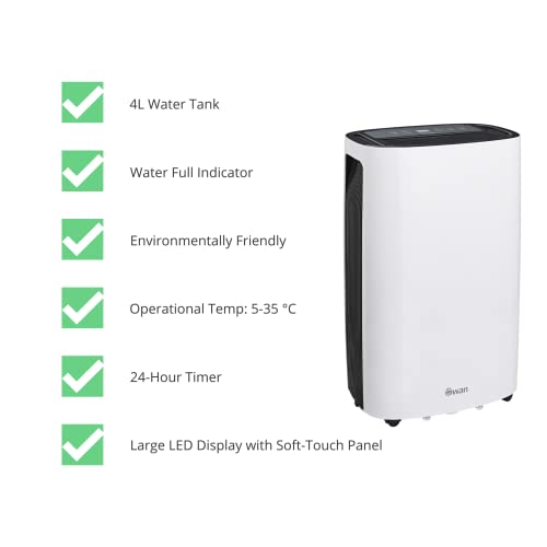 Swan 20L/Day Dehumidifier with 24 Hour Timer, Large LED Display & Soft Touch Panel, 4 Litre Water Tank, Auto Defrost, SH16810N, White, SH16810N