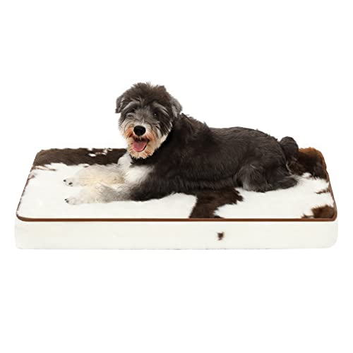 Bedfolks 3" Thick Faux Fur Orthopedic Dog Bed for Medium Dogs, Memory Foam Dog Bed with Waterproof Lining and Removable Cover, Reversible Washable Dog Mattress for Crate，Cowhide