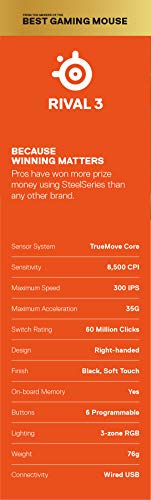 SteelSeries Rival 3 Wired 6-Button 77g Gaming Mouse - Prism 3-Zone RGB Illumination - 8,500 CPI TrueMove Core Optical Sensor