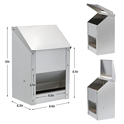 ZHEQOGZH Stainless Steel Hanging Chicken Feeder with Lid No Waste Weatherproof Metal Automatic Poultry Feeder Wall Mount Outdoor Chicken Coop Food Dispenser Feeder for Chickens Ducks (10Lbs)