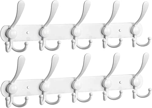 Coat Rack Wall Mounted Wall Hanger,5 Tri Hooks, Heavy Duty, Stainless Steel, Metal Coat Hook Rail for Coat Hat Towel Purse Robes Mudroom Bathroom Entryway(White,2 Packs)