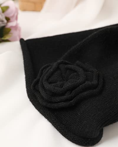 100% Pure Cashmere Beanie Hat for Women, Fashion Soft Rose Flower Beanie Hat with Gift Box, Valentine's Day Gift, Black, One size