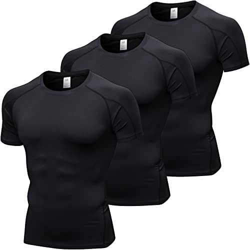 SPVISE 3 Pack Men's Athletic Compression Shirts Short Sleeve Workout T-Shirt Top Cool Dry Sport Baselayer Running Undershirts, Black*3, Small