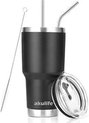 30 oz Tumbler Stainless Steel Double Wall Vacuum Insulated Travel Coffee Tumbler Cup with 2 Straws, 1 Lids and Brush (Black)