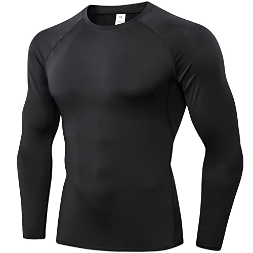 Men's Compression Shirts Longs Sleeve Workout Gym T-Shirt Running Tops Cool Dry Sports Base Layer Athletic Undershirts, Black*3, Large