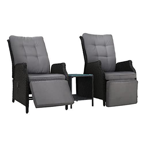 Gardeon Recliner Chairs 3 Piece Wicker Sun Lounger Reclining, Outdoor Lounge Setting Patio Furniture Bistro Set Garden, with Coffee Table Cushions Ottoman Adjustable Backrest and Footrest Black